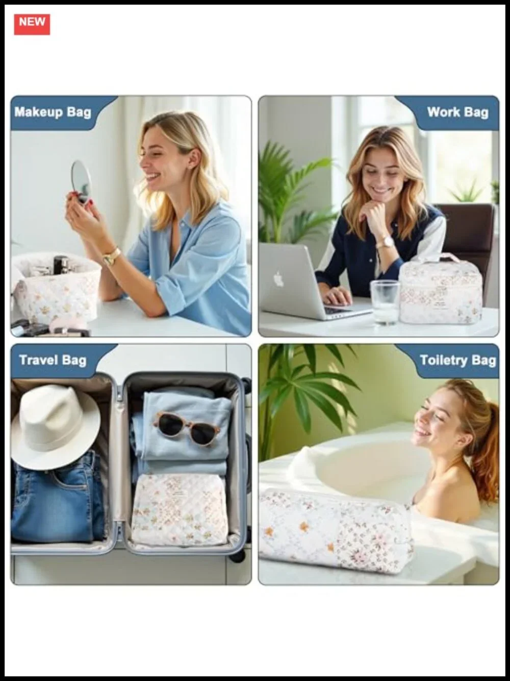 Quilted Floral Cotton Makeup Bag Set - 3 Piece Travel Cosmetic Organizer